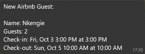 Automated Airbnb guest alert powered by n8n - n8ndevelopers.com